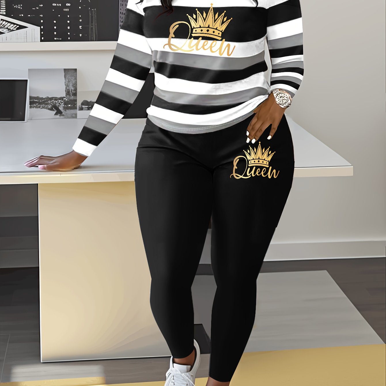 Women's Striped Crown Print Casual Tracksuit Set - Polyester & Elastane Knit Crew Neck Long Sleeve Top with Pants, No Belt - Fall/Winter Cozy Loungewear Suit (1 Top + 1 Pants)